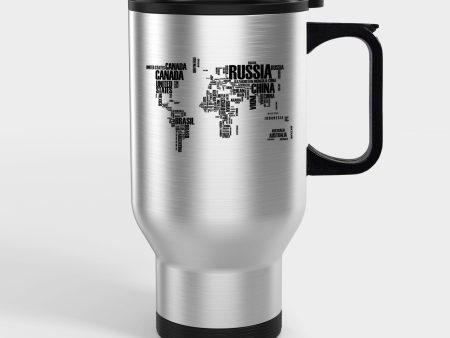 World Map (Text) Designed Travel Mugs (With Holder) on Sale