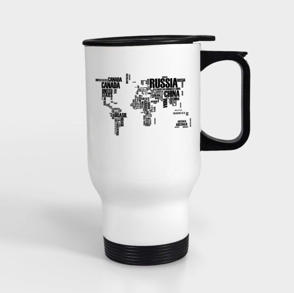 World Map (Text) Designed Travel Mugs (With Holder) on Sale